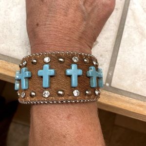 New Genuine Brown Cowhide Bracelet with faux turquoise crosses and rhinestones